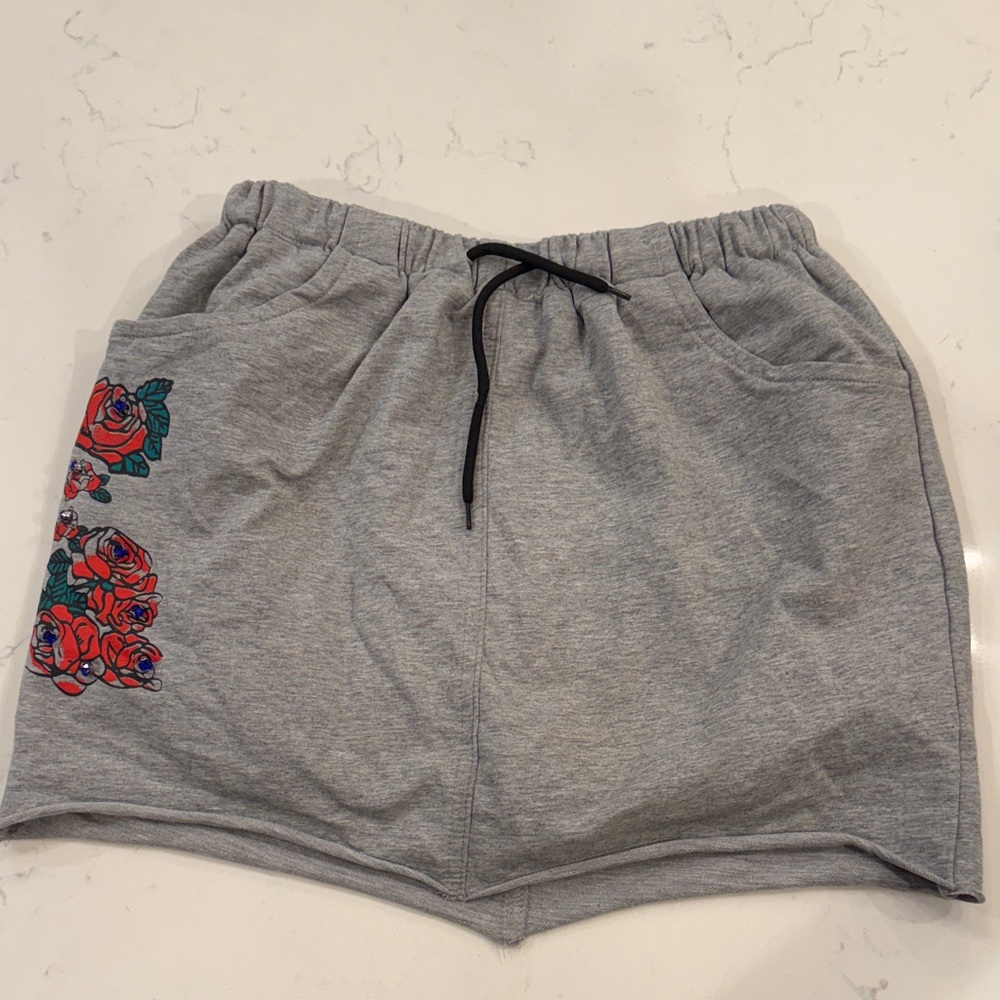 Gray Women's Shorts with Floral Design